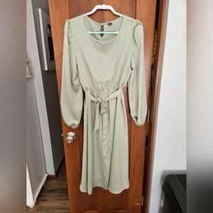 SHEIN Sage Green Long Sleeve Tie-Waist Midi Dress